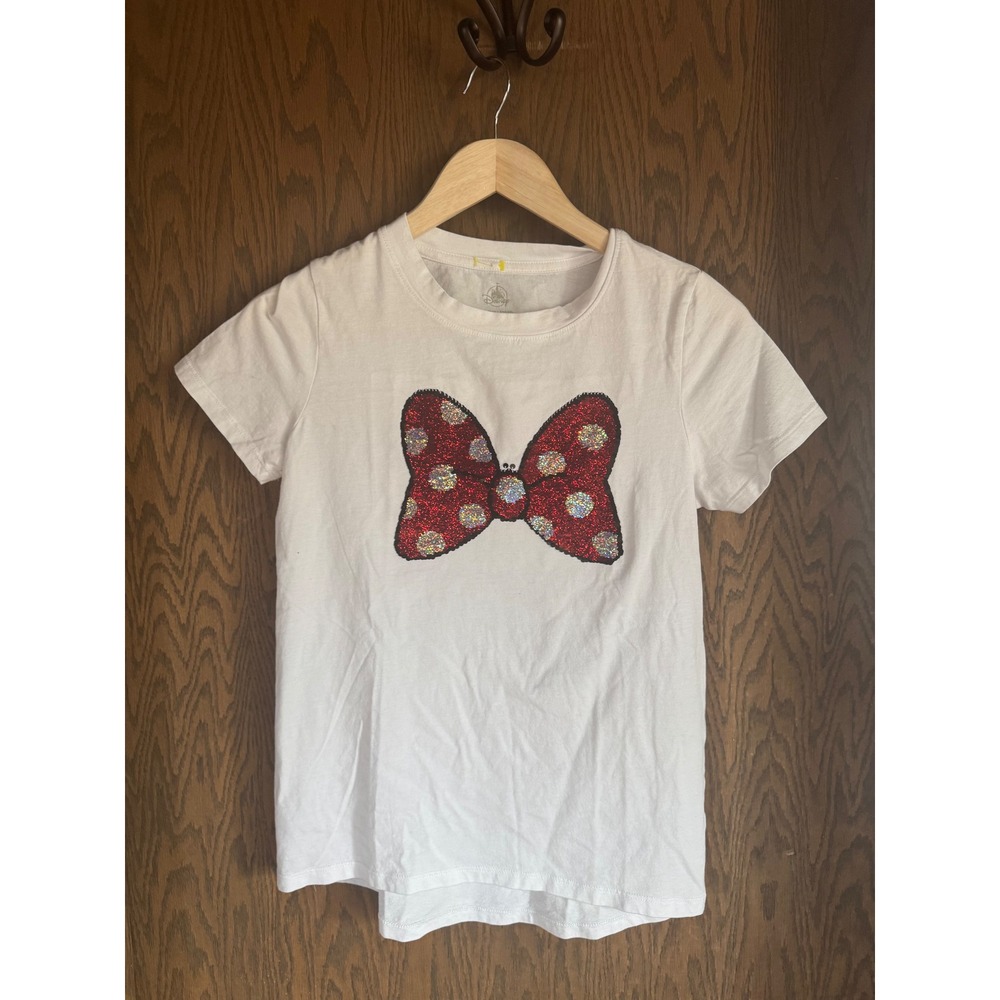 Disney Authentic Minnie Mouse Sequin‎ Bow White T Shirt Womens XS